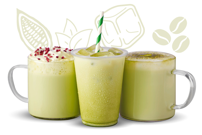 Matcha finished drinks - hot chocolate, iced matcha latte and matcha latte