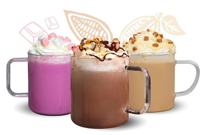 Hot chocolates, gold chocolate, pink chocolate ,milk chocolate