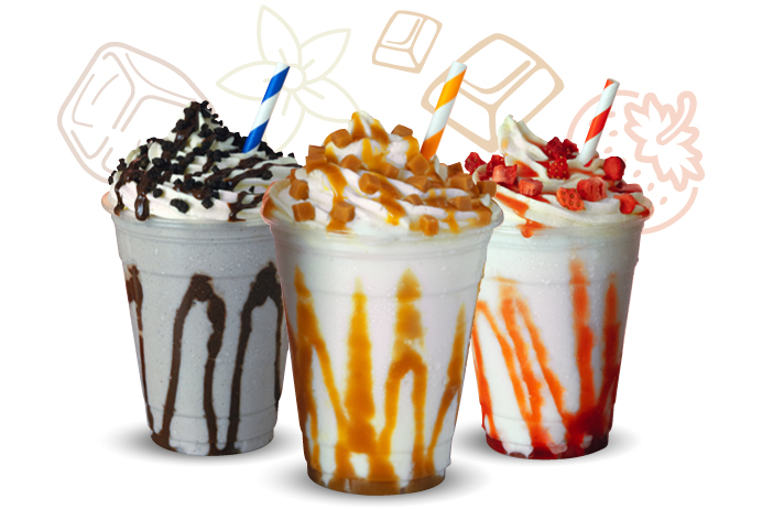 Frappes, Topping Sauces, Toppings, Strawberries and cream, cookies and cream, salted caramel.