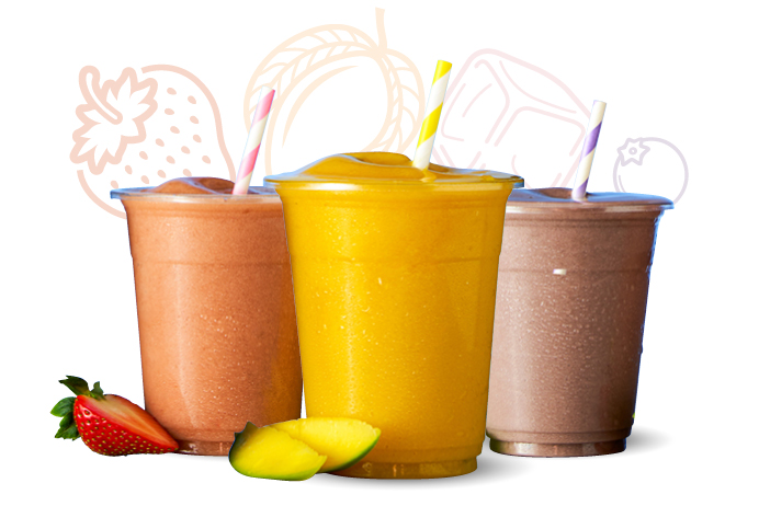 Smoothies, blackberry, blueberry, strawberry, mango and passion fruit.